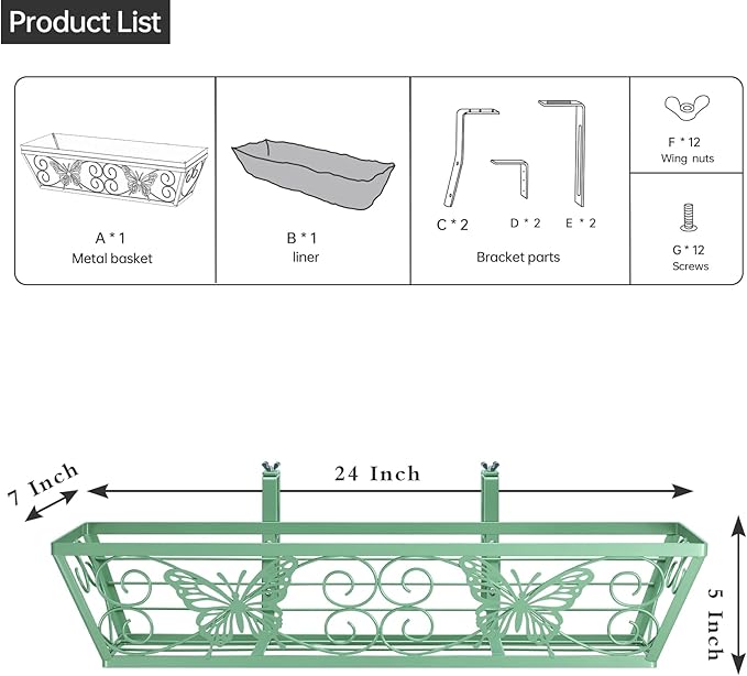 4 Pack 24 Inch Window Boxes Planters Railing Planter Box with Adjustable Brackets for Porch Fence Patio Balcony Hanging Flower Baskets with Woven Fabric for Outdoor Garden Decor - Green