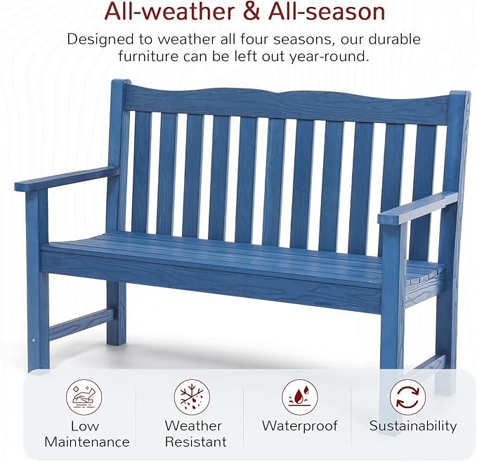 Stoog Outdoor Bench, 2-Person All-Weather HIPS Plastic Garden Bench with 800lb Capacity, Never Rot or Fade, Used for Patio, Porch, Backyard, Blue