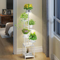 Plant Stand Indoor with Grow Light, 6-Tiered Tall Plant Stand Indoor, Metal Plant Shelf with Hanging Basket Hook and Adjustable Light, Ideal for Living Room, Garden, Round Patio white