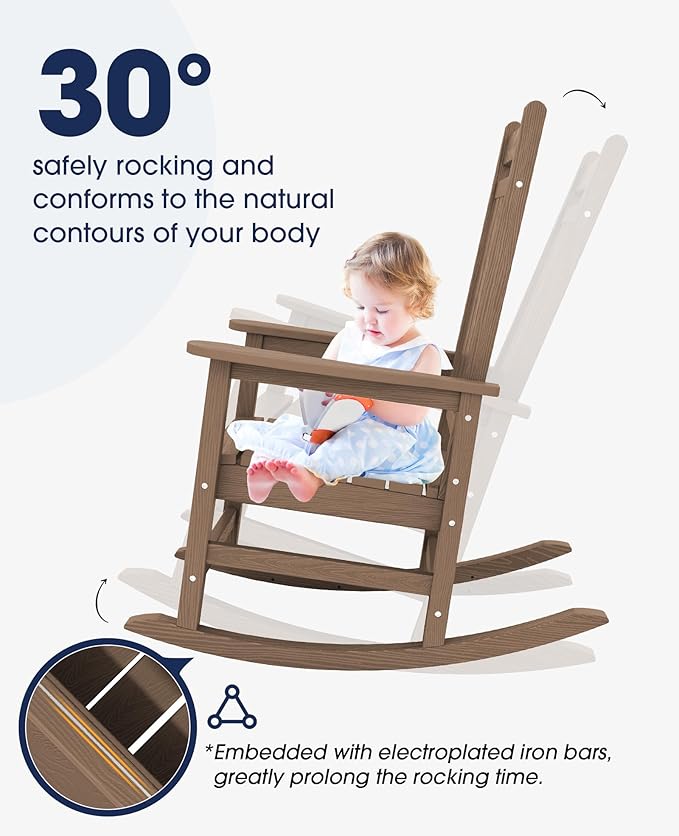 KINGYES Oversized Outdoor Rocking Chair Set of 2, All-Weather Patio Rocking Chairs for Porch, HDPE Outdoor Patio Rockers with High Back & Wide Seat for Garden, Lawn, Brown