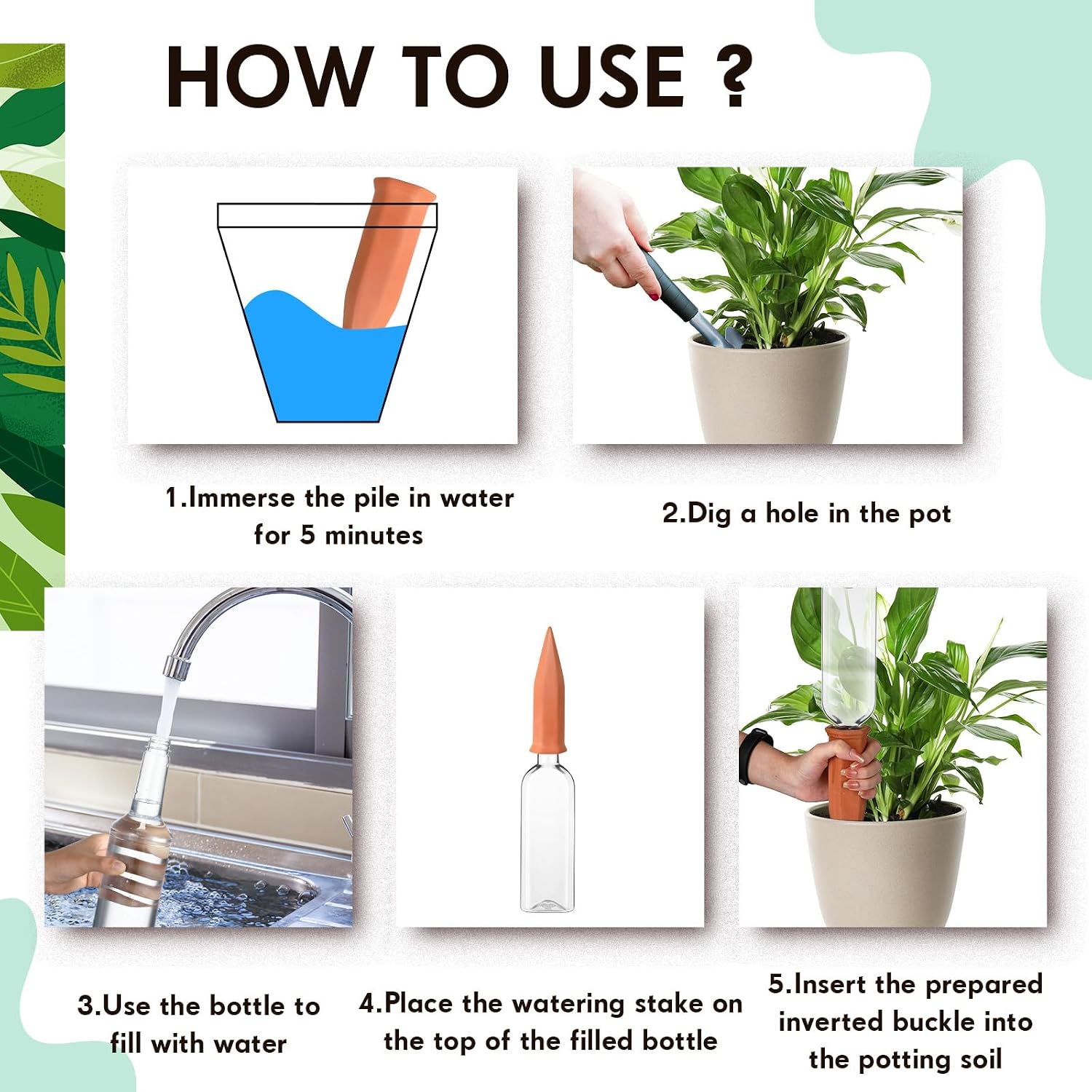 6 Sets Plant Watering Devices 6 Pcs Self Watering Spikes 6 Pcs 25 oz Plastic Bottles Slow Release Automatic Waterer Empty Liquor Bottles Terracotta Spikes for Vacation Plant (Ceramic Color)