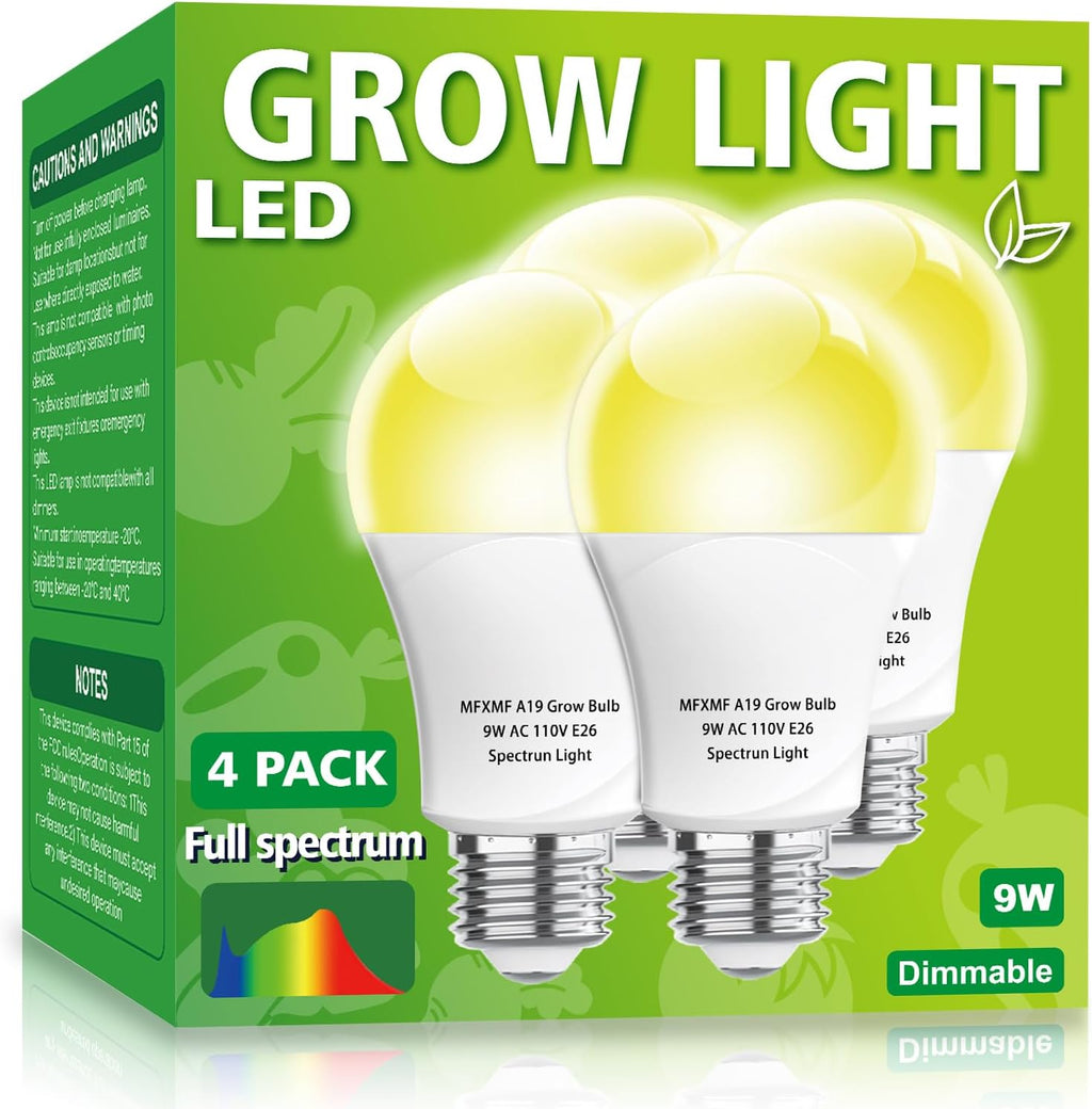 4 Pack LED Grow Light Bulbs，Full Spectrum Plant Light Bulb, 9W Replace 100W | 120V E26 Grow Bulb,Grow Light for Indoor Plants, Flowers, Greenhouse, Indore Garden, Hydroponic