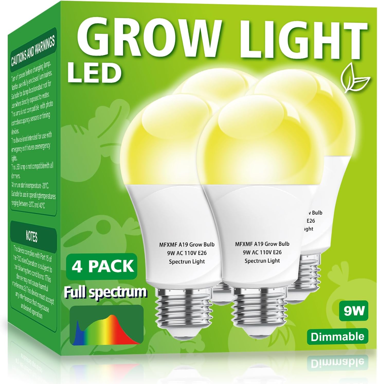 4 Pack LED Grow Light Bulbs，Full Spectrum Plant Light Bulb, 9W Replace 100W | 120V E26 Grow Bulb,Grow Light for Indoor Plants, Flowers, Greenhouse, Indore Garden, Hydroponic