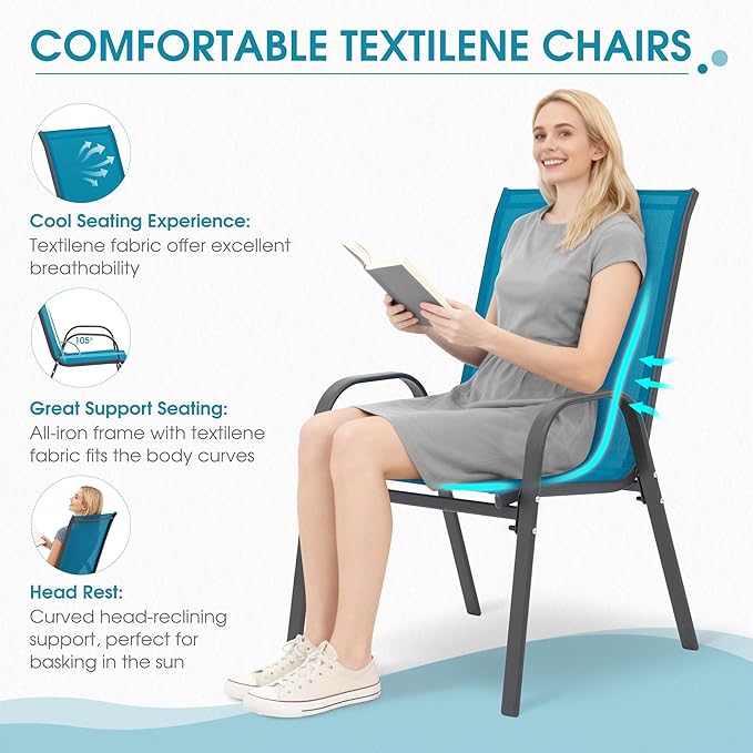Outdoor Stackable Chairs Set of 8, Stacking Patio Chairs with Textilene Fabric, Outside Furniture for Garden Backyard Balconie Poolside Deck, Blue