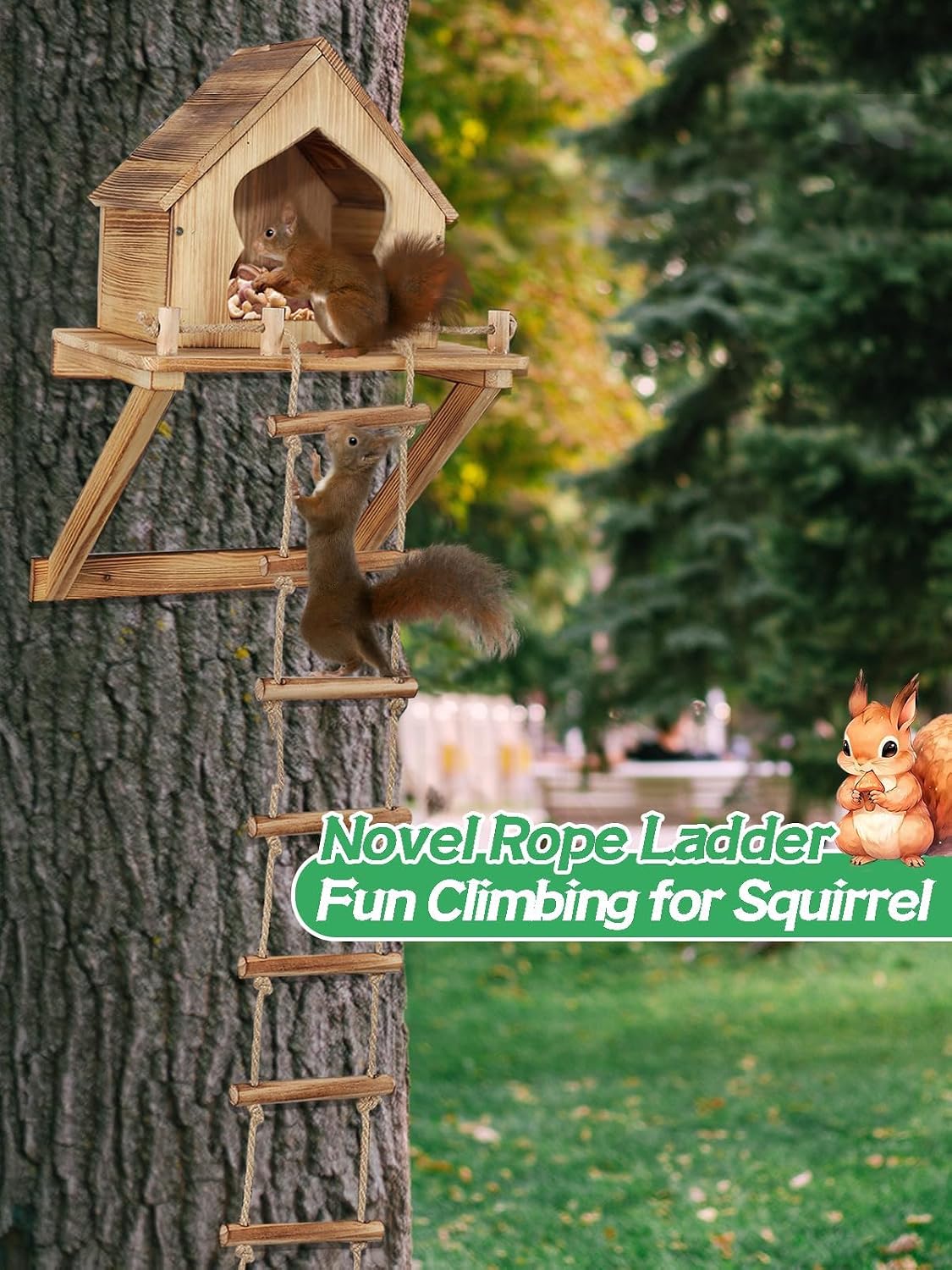 Bigmeta Funny Squirrel Feeder for Outside with Ladder | Wall and Tree Mounted, Backyard Garden Decoration Gifts for Wildlife Lovers