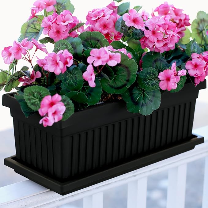 HC Companies 24 Inch Long Fluted Plastic Venetian Garden Window Container Planter Box for Flowers, Vegetables, or Succulents, Black (4 Pack)