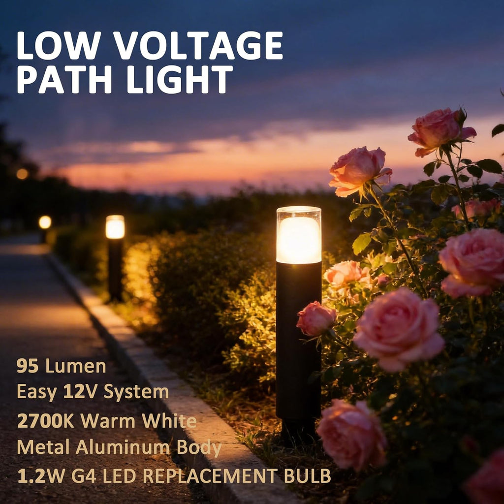 6PK Low Voltage Bollard Lights Die-Cast Aluminum & Real Glass Pathway Lights 1.2W 95LM 2700K Warm White G4 Replaceable Bulb Included, Waterproof Outdoor Landscape Lighting