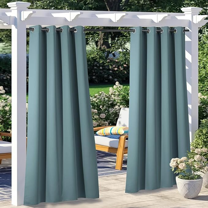 NICETOWN 2 Panels Greyish Blue Outdoor Curtains for Patio Waterproof, Thermal Insulated Rustproof Grommet Blackout Indoor Outdoor Gazebo Curtains Window Treatments for Porch, W52 x L72