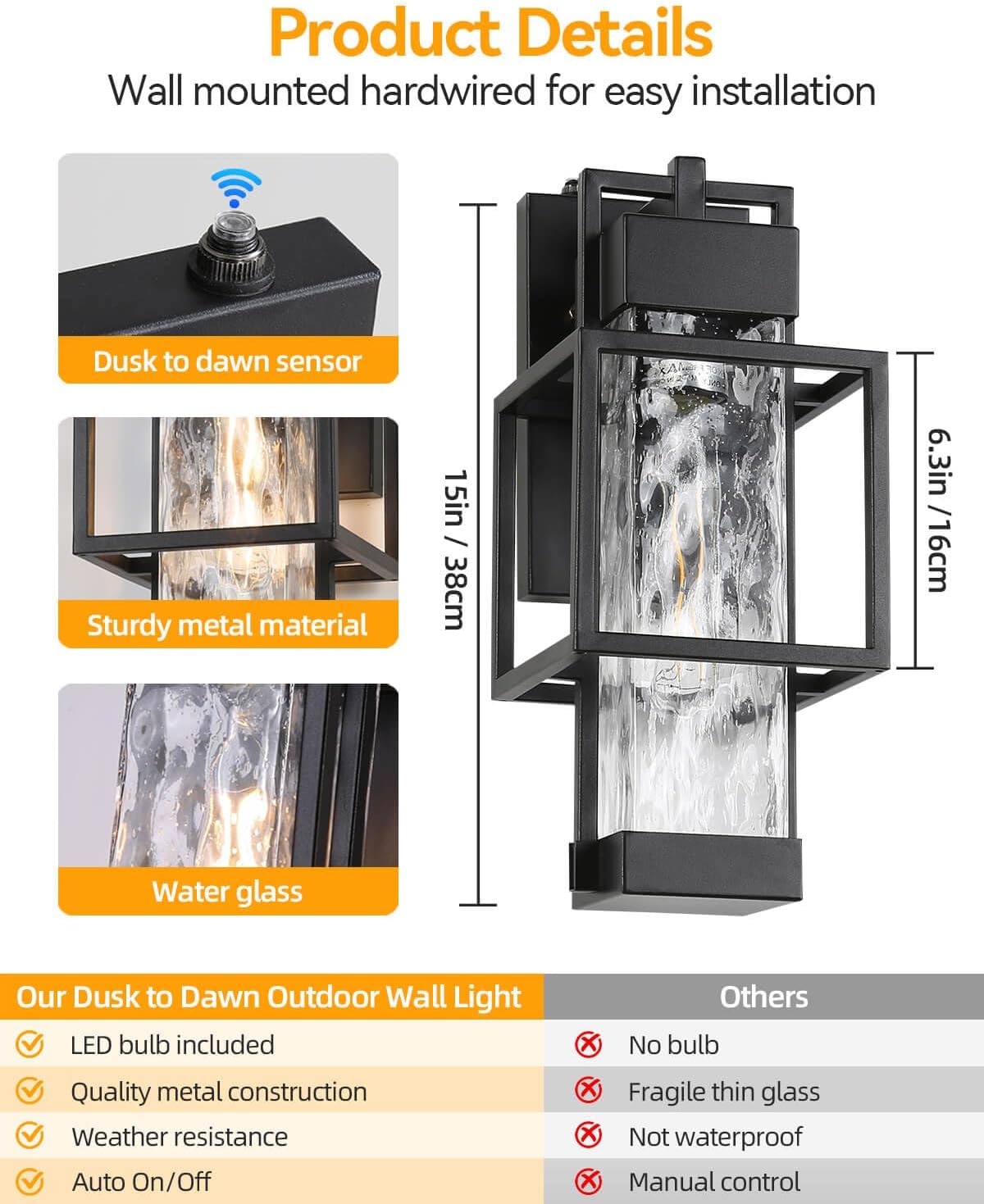 Outdoor Wall Lights Dusk to Dawn Outdoor Lighting 2 Pack, 15" H Black Exterior Lighting Fixtures Waterproof Sconce Porch Lights with LED Bulbs, Large Outside Lights for House with Water Glass