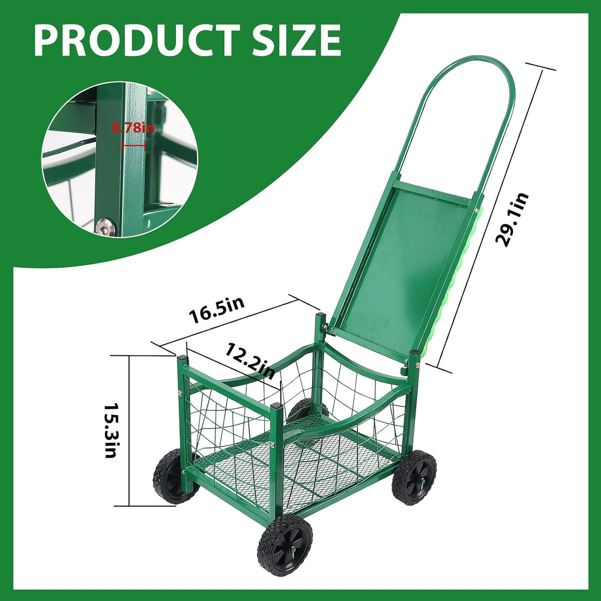 garden work chair with wheels, heavy-duty gardening cart shown in use