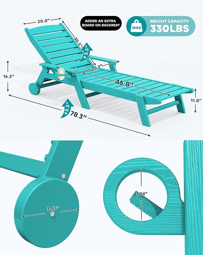 SERWALL Patio Chaise Lounge Chair Set of 2, 78'' Long 5-Positions Adjustable HDPE Outdoor Lounger for Pool, Poly Lounge Chair with Rolling Wheels & Cup Holder for Poolside, Deck, Aqua Blue