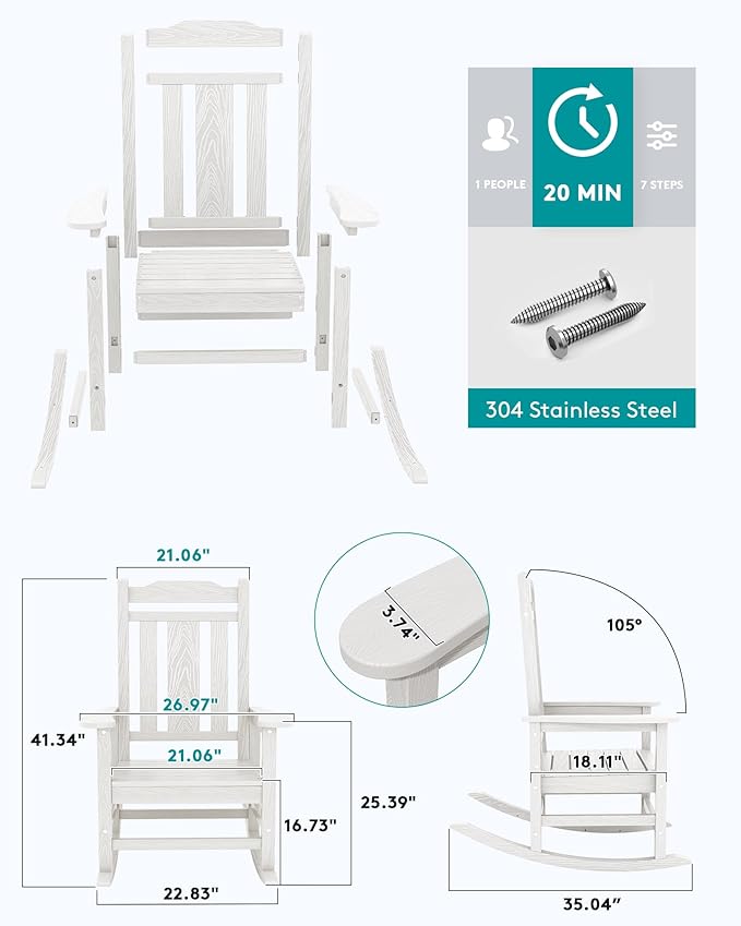 SERWALL Oversized Rocking Chair Outdoor, HDPE Outdoor Rocking Chair, White