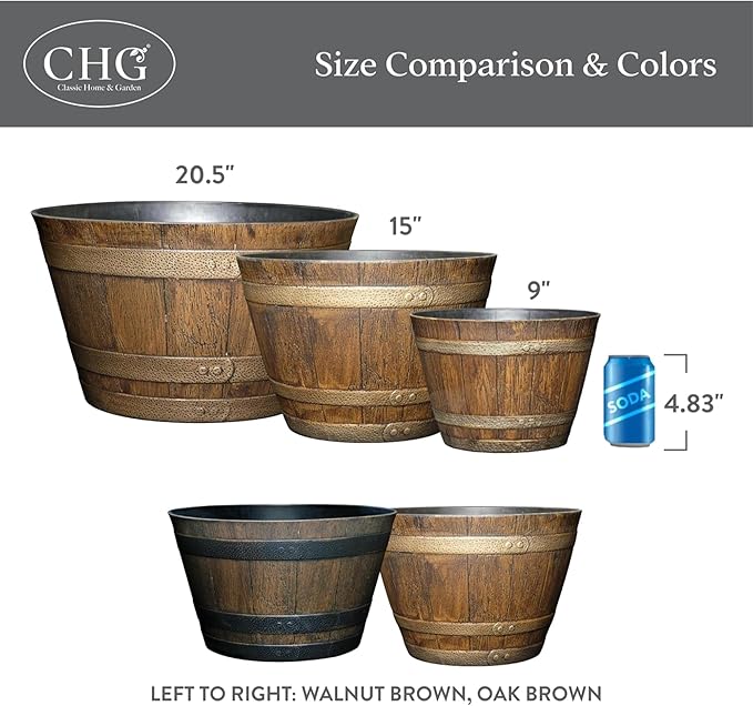 Classic Home and Garden Whiskey Plastic Resin Flower Pot Barrel Planter, Walnut Brown, 20.5" (Pack of 3)