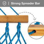 SUNCREAT Polyester Rope Hammock with Bamboo Spreader Bar, Carrying Bag, 450 lbs Capacity, Two Person Hammock with Tree Hooks, Blue
