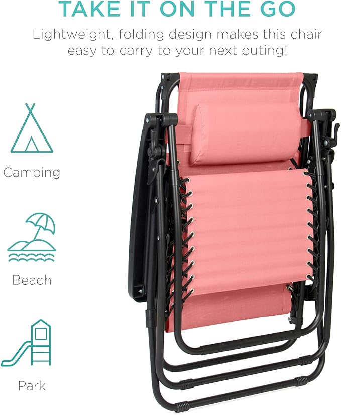 Best Choice Products Folding Zero Gravity Outdoor Recliner Patio Lounge Chair w/Adjustable Canopy Shade, Headrest, Side Accessory Tray, Textilene Mesh - Pink