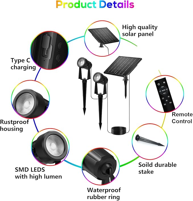 ZYAN Solar Color Changing RGB Spotlights with Remote, 12000mAh Separate Monocrystalline Panels & USB-C Powered, Auto On Off, Outdoor IP65 Waterproof for Patio Yard Path (100 Lumens × 8 Pack)