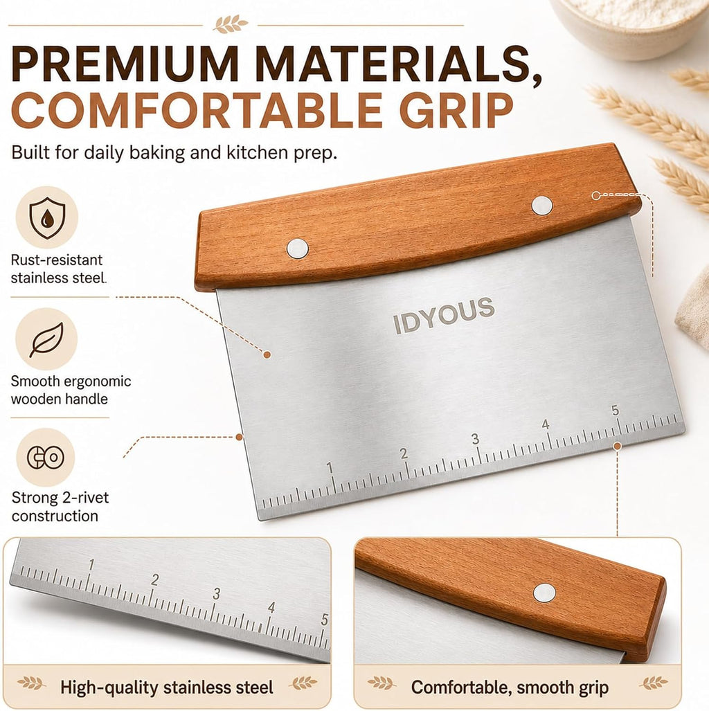 Bench Scraper and Dough Cutter, Stainless Steel Bread Cutter | Measurement Marks, Kitchen Tool for Flat Top Grill, Bread, Pizza and Baking
