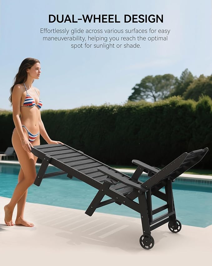 Carauci Lounge Chair Outdoor, HDPE Chaise Lounge with Wheels, 5-Position Adjustable Backrest & 2 Cup Holders Patio Lounge Chair, All-Weather Pool Sun Lounger for Poolside, Backyard, Black