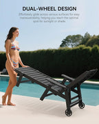 Carauci Lounge Chair Outdoor, HDPE Chaise Lounge with Wheels, 5-Position Adjustable Backrest & 2 Cup Holders Patio Lounge Chair, All-Weather Pool Sun Lounger for Poolside, Backyard, Black