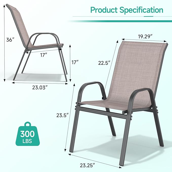 Patio Chairs Set of 4, Easily Set Up Stackable Outdoor Dining Chairs with High Back and Wide Seat, All Weather Breathable Outdoor Chairs Set of 4 with Metal Frame for Backyard Deck Pool, Brown