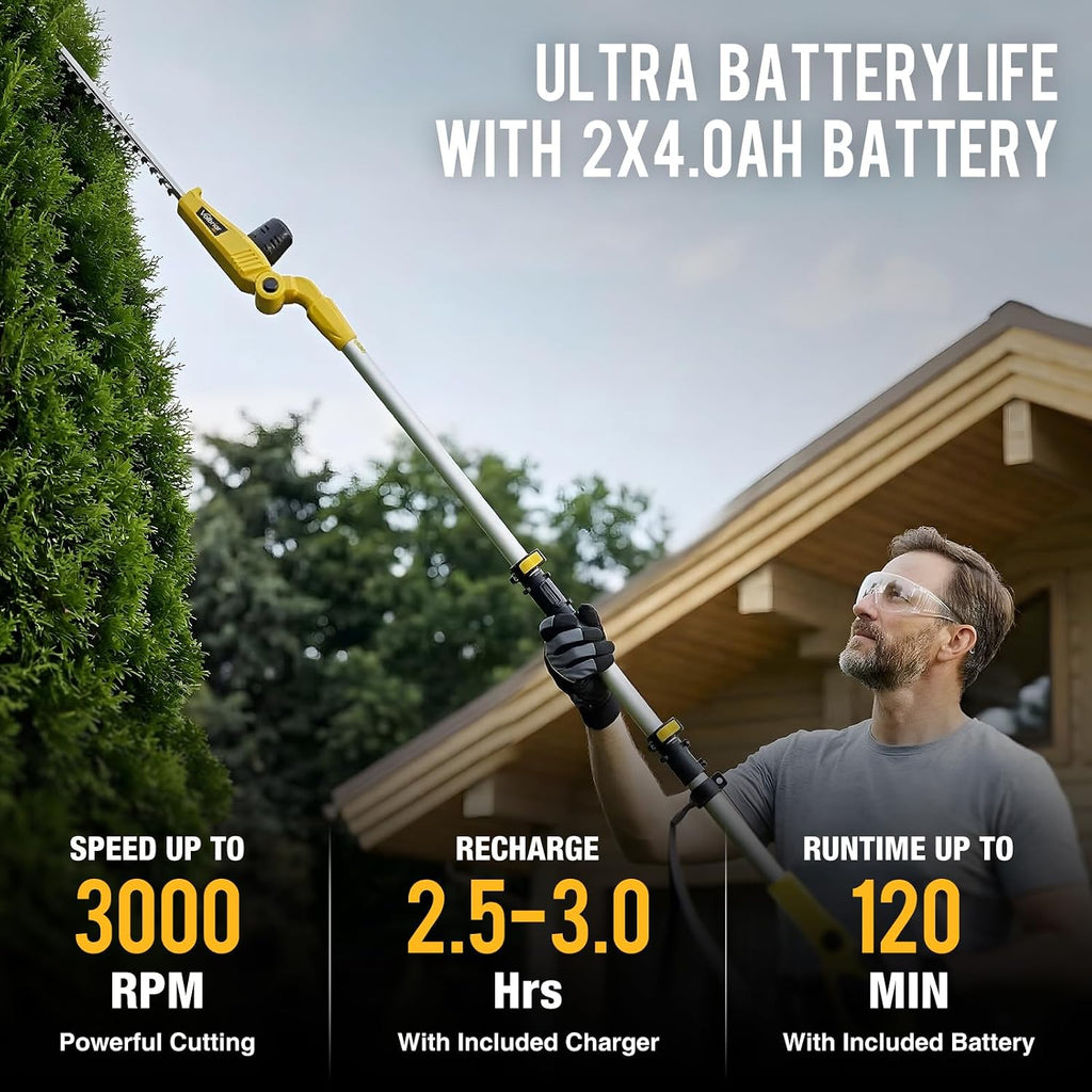 20V Cordless Pole Hedge Trimmer, 15 Ft Reach, 2 x 4.0Ah Batteries | 20V Power with 2x4Ah Batteries, 9" Hedge Blade & Grass Shear, Multi-Angle Head, Up to 2800RPM for Shrubs and Lawn Edges