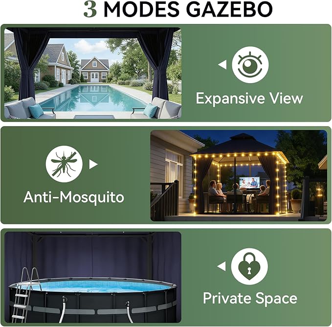 Aoxun Outdoor Gazebo for Patio 10x10 Metal Frame Canopy with Double Roofs Heavy Duty Party Tent and Shelter with Mosquito Netting and Privacy Screen for Backyard, Lawn, Garden, Deck (Navy Blue)