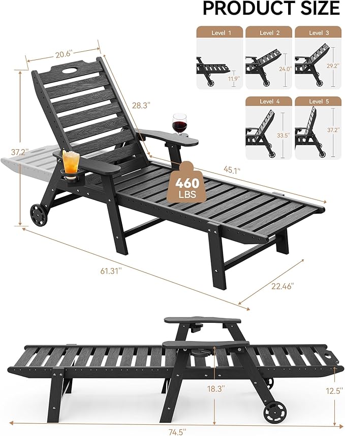 Carauci Lounge Chair Outdoor, HDPE Chaise Lounge with Wheels, 5-Position Adjustable Backrest & 2 Cup Holders Patio Lounge Chair, All-Weather Pool Sun Lounger for Poolside, Backyard, Black
