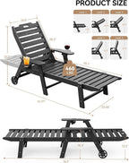 Carauci Lounge Chair Outdoor Set of 4, HDPE Chaise Lounge with Wheels, 5-Position Adjustable Backrest & 2 Cup Holders Patio Lounge Chair, All-Weather Pool Sun Lounger for Poolside, Backyard, Black