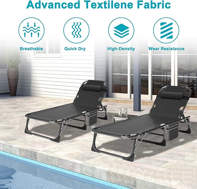 ABORON 2PK Heavy Duty Tanning Chair, 5-Gear Outdoor Folding Chaise Lounge Chair with Cushion,Portable Beach Lounge Chair for Outdoor Sunbathing Patio Pool Lawn Deck Poolside