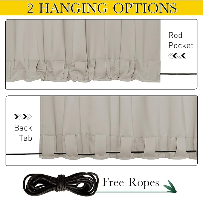NICETOWN 2 Panels Weighted Outdoor Curtains for Patio Waterproof, Thermal Insulated Grommet & Back Tab on Top & Bottom Windproof Sun Blocking Draperies for Gazebo with Rope, Natural, W66 x L84