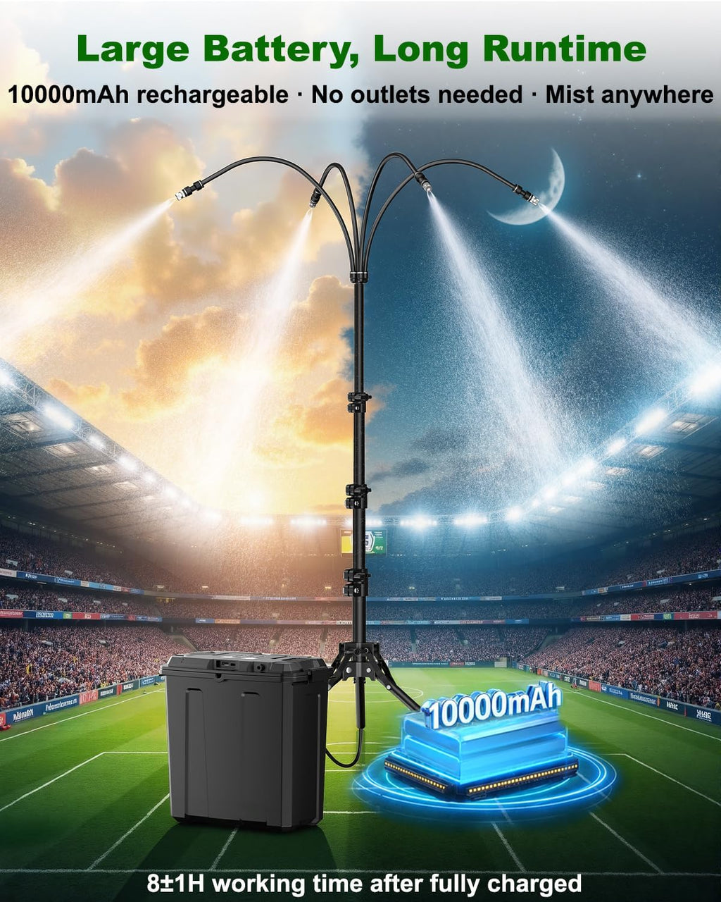 ausic portable misting system with stand, water cooling, close-up detail