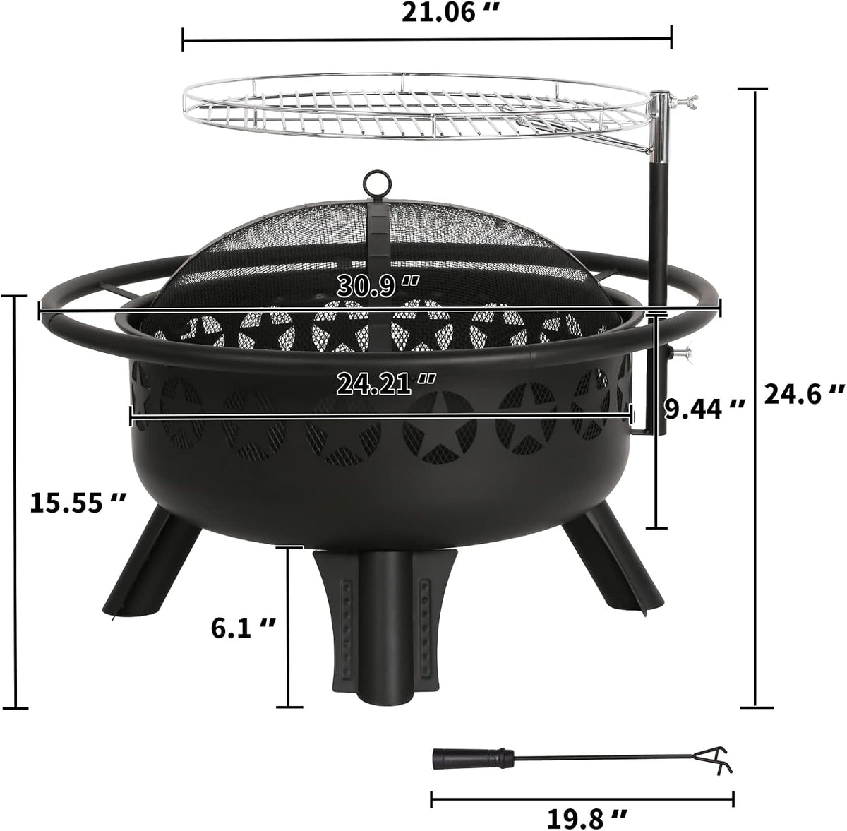 hykolity 2 in 1 fire pit with grill showing dimensions