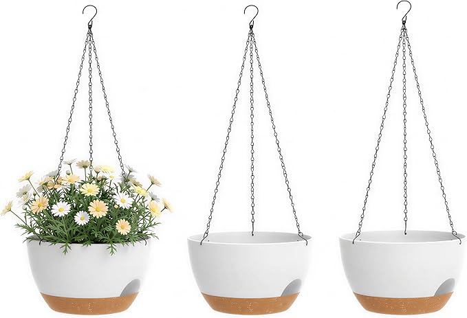Hanging Planters 3-Pack, 8 Inch Self-Watering Hanging Pots with Drainage Hole and Chains, Plastic Planters for Indoor Outdoor（White Brown）