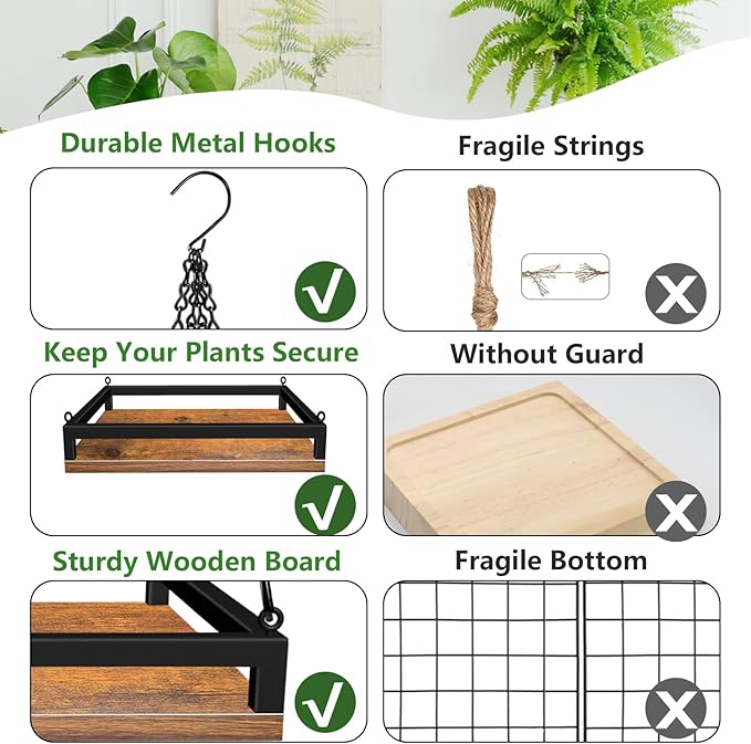 Plant Hanger Indoor, 11.8" Wooden Hanging Plant Holder with Metal Frame Hanging Planter for Indoor Plants Load 50LB Hanging Plant Shelf with 27.6" Long Chain, Ideal for Heavier Pots Ceiling（2 pack）