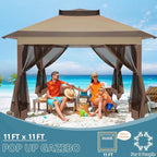 COBIZI 10x10 Pop Up Gazebos on Clearance 11x11 Canopy Tent Easy Up Outdoor Gazebo Waterproof Portable Gazebo with Mosquito Nettings, Double Vented Roof and Carry Bag for Patio Garden Lawn(Coffee)