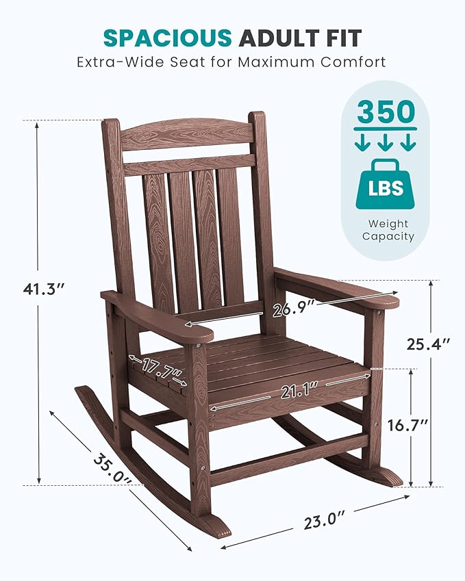 SERWALL HDPE Outdoor Rocking Chair Set of 4, Oversized Patio Rocking Chairs, All-Weather Porch Rockers for Adults, Coffee