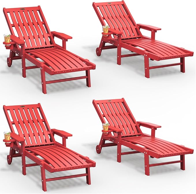 Patio Chaise Lounge Chair Set of 4, Oversized Lounge Chair Outdoor with 5 Positions, HDPE, Patio Lounge Chair with Wheels & Cup Holder for Pool, Deck, Poolside,Red