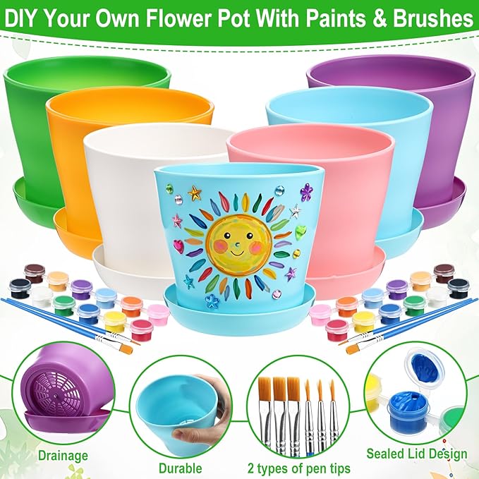 24 Set Garden Plastic Paintable Flower Pot Craft Kit 4" Starter Pots DIY Painting Party Supplies with Acrylic Paint Strips Gardening Kit for Planting Crafts Birthday Easter Spring Gift