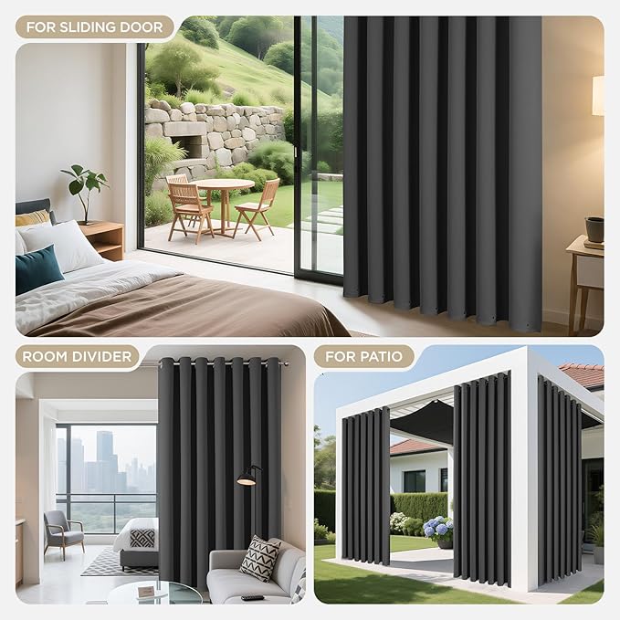 Joydeco Blackout Patio Sliding Door Curtains 96 Inches Long, Grommet Privacy Room Divider Curtains, Extra Wide Thermal Blackout Drapes for Bedroom Living Room (Grey, 60Wx96L, 1 Panel)