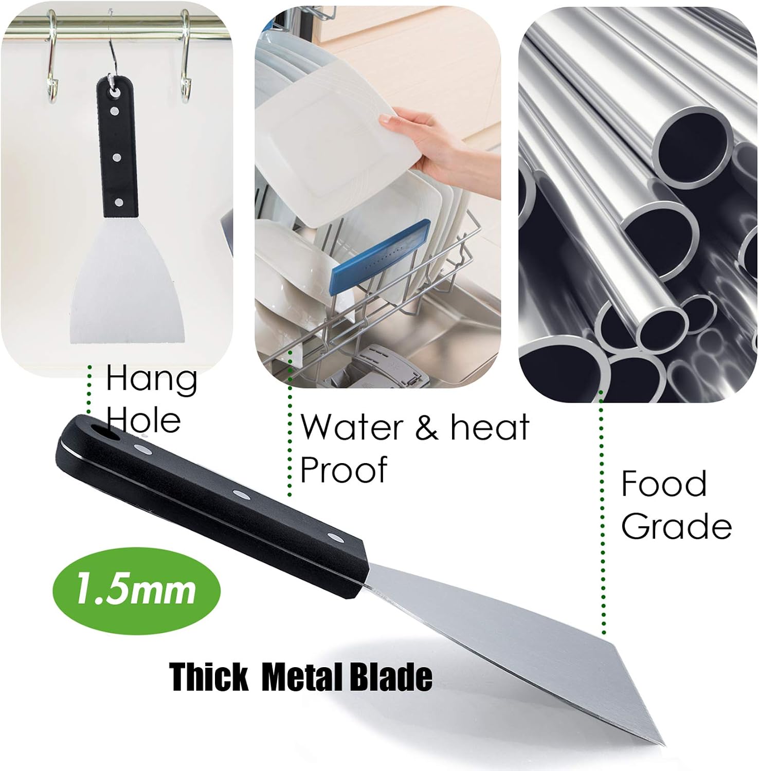 Leonyo Metal Griddle Spatula Scraper Tool For Barbecue Food, 2 Pack | Stainless Steel Griddle Scraper For Flat Top Grill, Heavy Duty Grill Scraper Diner Flat Straight Blade With Plastic Handle
