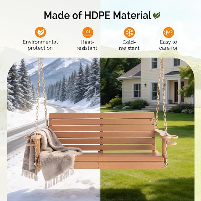 VINGLI Heavy Duty 1600 LBS HDPE Porch Swing Outdoor with Rotatable Cup Holder, 4 FT Patio Bench Swing with Adjustable Chains, 2 Person Hanging Porch Swing Chair for Porch, Yard, Tree, Garden - Teak