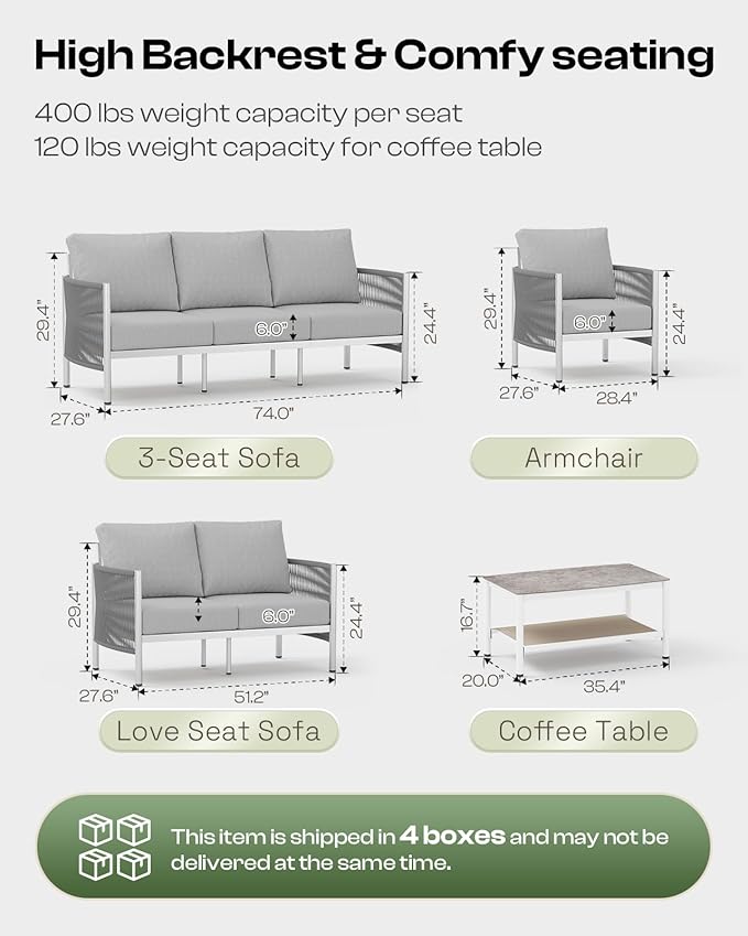 Aluminum Outdoor Sofa Armchair, HDPE Rope Patio Couch with Washable Thick Cushion, All-Weather Outdoor Patio Chairs Set of 2 for Balcony, Yard, Silver Frame, Silver