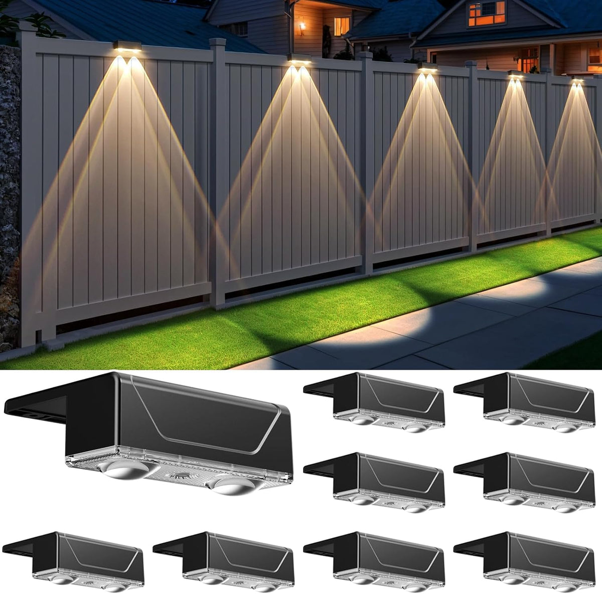 solar fence lights outdoor, 8 pack black fence, main product view