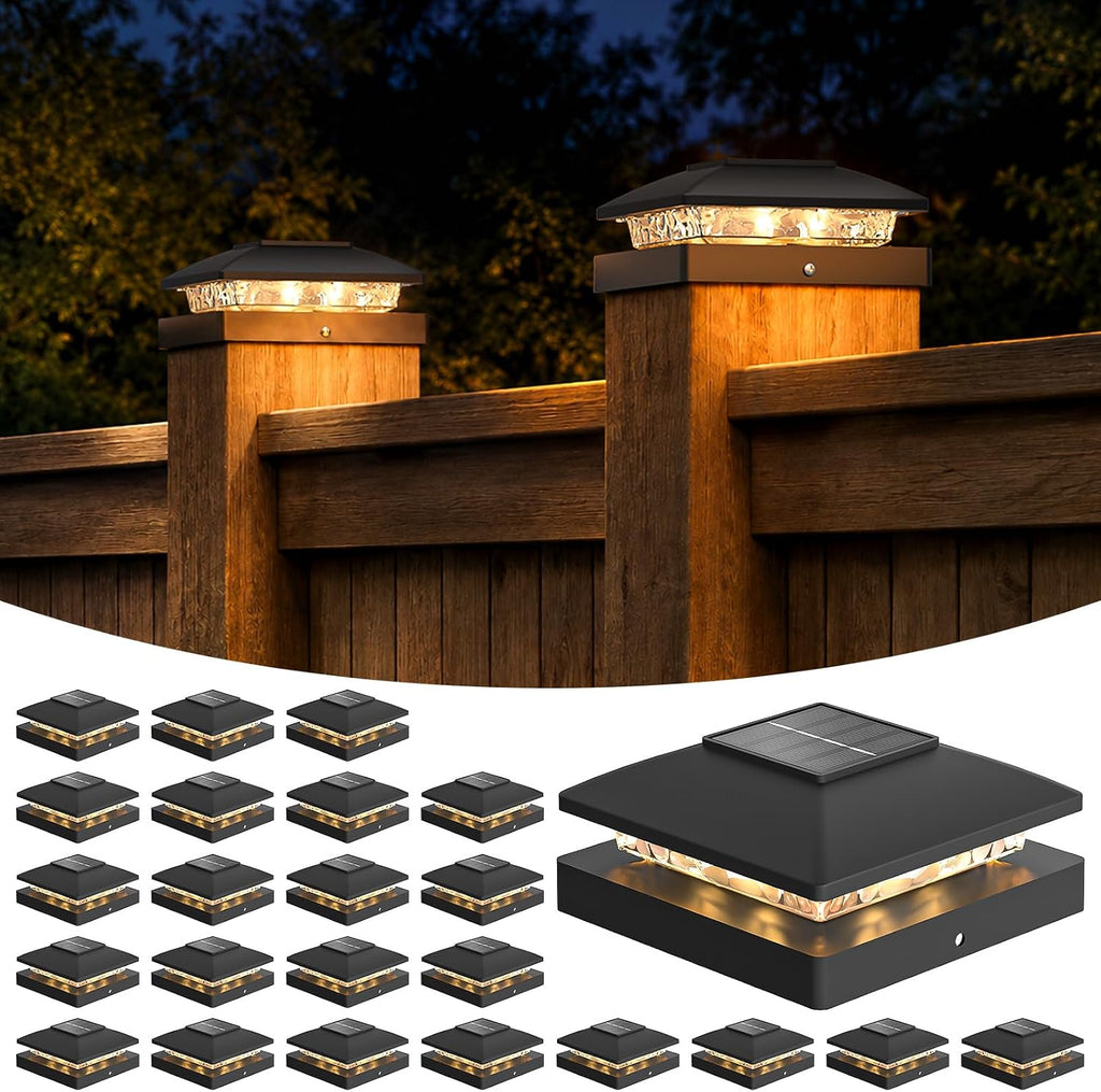 APONUO Solar Post Cap Lights for 4x4 Posts - IP64 Waterproof, 3000K LED, No-Wire Fence Lights & Deck Lights for Patio Garden Yard Patio, Black-Warm White, 24 Pack