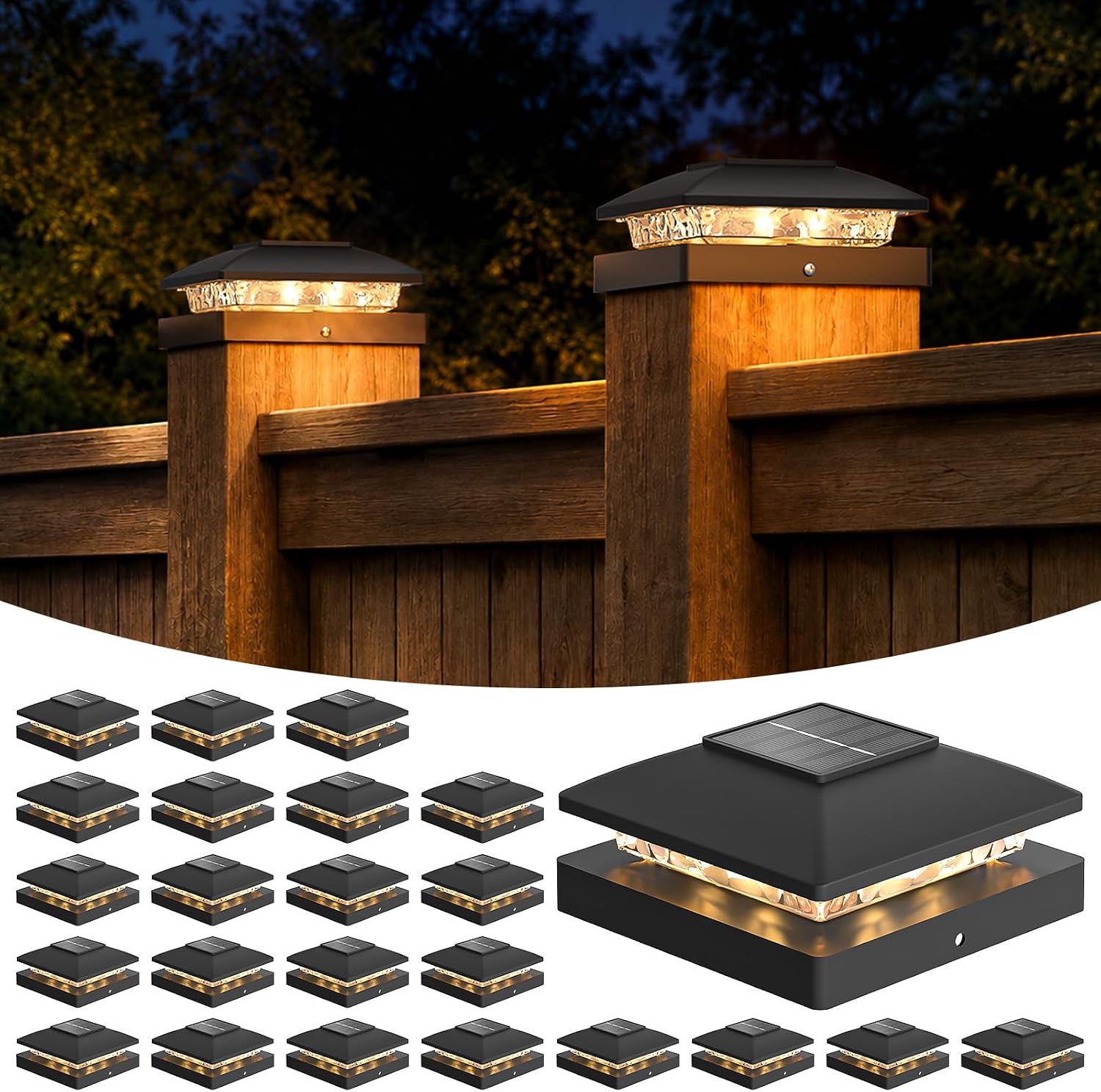 APONUO Solar Post Cap Lights for 4x4 Posts - IP64 Waterproof, 3000K LED, No-Wire Fence Lights & Deck Lights for Patio Garden Yard Patio, Black-Warm White, 24 Pack