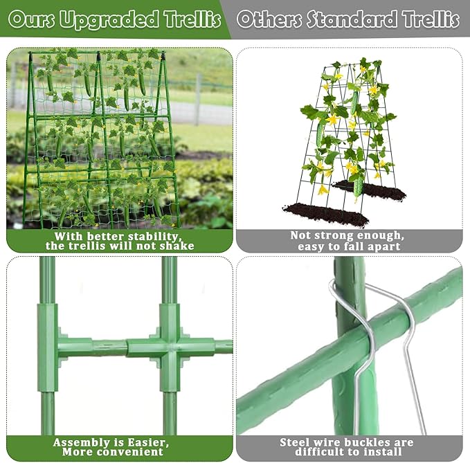 Cucumber Trellis for Raised Beds, 31 X 47 Inch Adjustable Size A-Frame Garden Trellis for Climbing Plant Outdoors with Climbing Net and Plant Support Clip for Vegetable Grape Tomato Garden Supplies