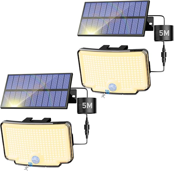 Peasur 2 Pack Solar Motion Lights Outdoor, 318 LED Solar Security Light with 3 Modes, IP65 Waterproof Powered Flood Lights for Outside Garden Patio Garage Yard Backyard Warm White