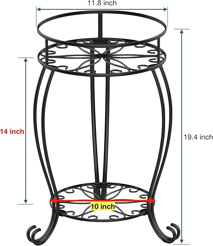FaithLand Plant Stand, Heavy Duty Metal Planter Holder Indoor Outdoor, 2 Tier Round Potted Supports Rack, Corner Display Shelf Black