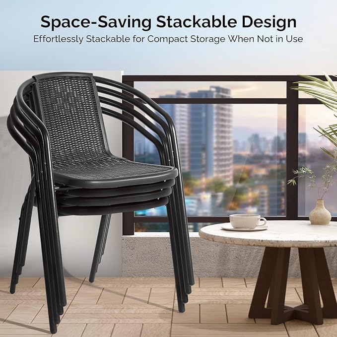VINGLI PE Rattan Outdoor Dining Chairs Set of 2, Plastic Stackable Patio Chairs for Indoor, Porch, Restaurant, Garden, Black