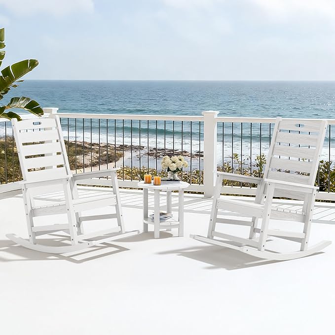 SERWALL HDPE Outdoor Rocking Chair, Oversized Rocking Chair with Footboard, High Back Porch Rocker Chair with 350lbs Support, White